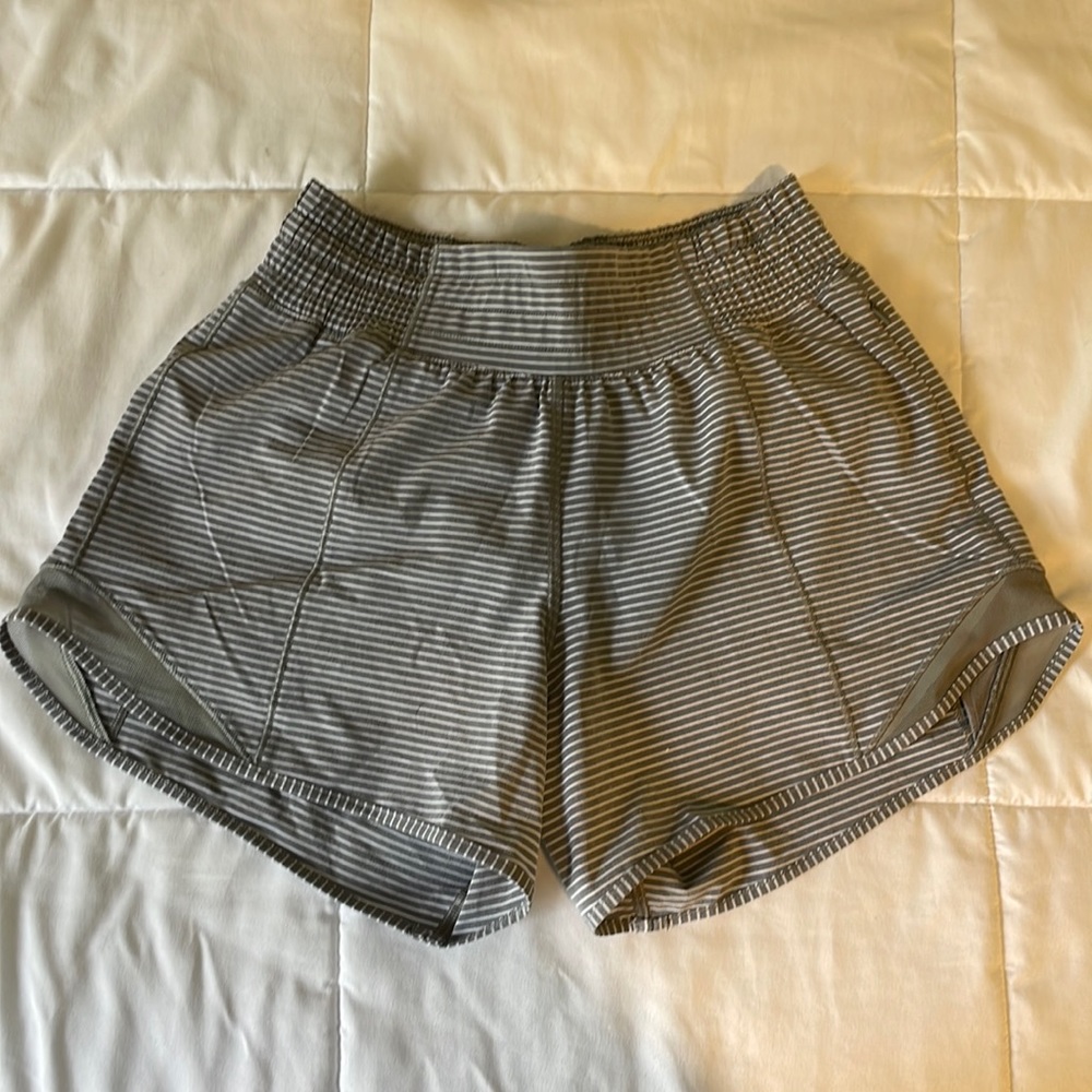 Lululemon gray and white pinstripe tall hottie hot shorts high-rise.